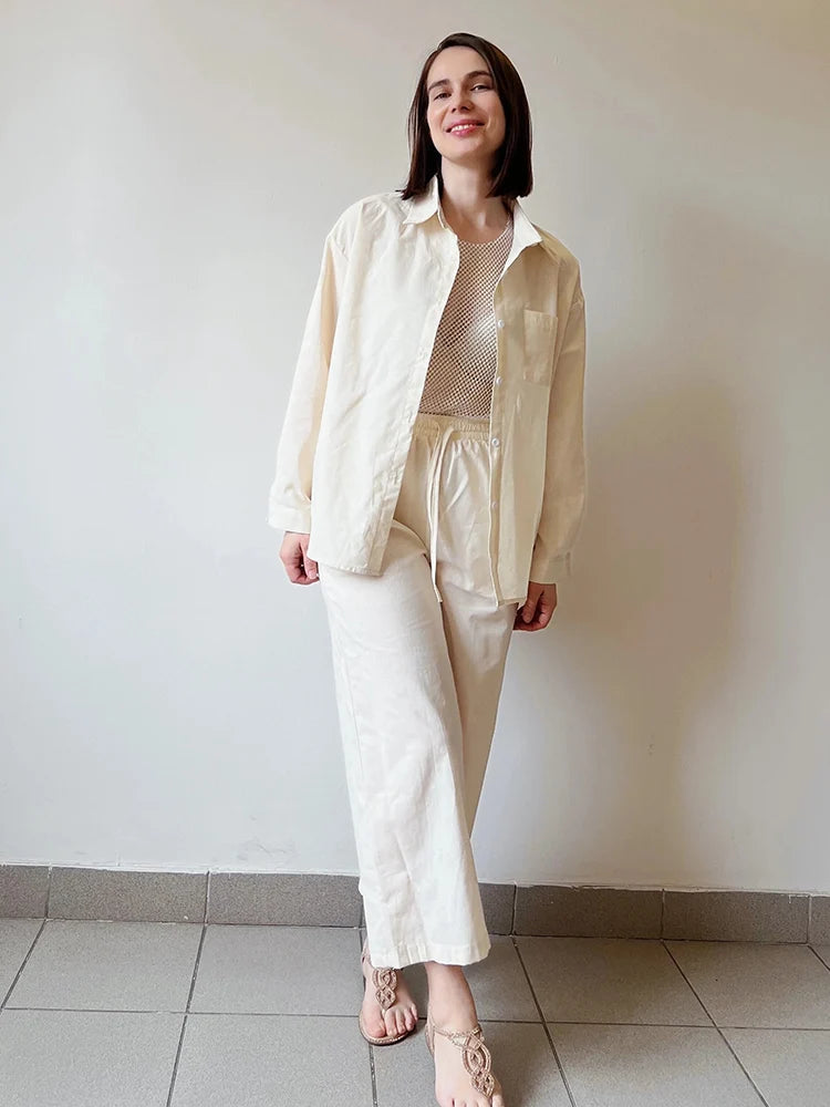 Streamgirl Linen Pants Sets For Women Summer Suits Pink Two Piece Trouser Women's Suit Sets Linen Shirt Set Oversize Outfit Suit