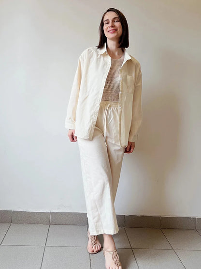 Streamgirl Linen Pants Sets For Women Summer Suits Pink Two Piece Trouser Women's Suit Sets Linen Shirt Set Oversize Outfit Suit