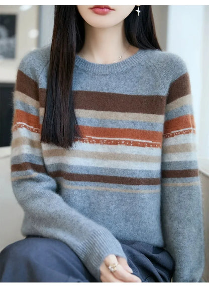 Autumn and winter 100% pure wool striped retro style round-neck wool knit women's long-sleeved versatile sweater top