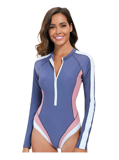Women Long Sleeve Bathing Suit Wetsuit One-Piece Swimsuit Half-Zip Design Slim Fit Beach Surfing Swimwear Multiple Colors