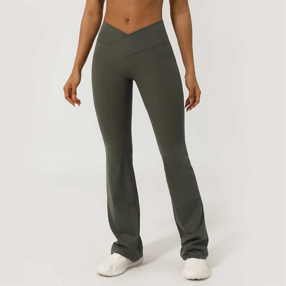 V-Cross Fitness Flare Pants Lifting Buttocks Cross Waist Yoga Sport Leggings Gym Outdoor Acticewear Workout Wide-Leg Pants