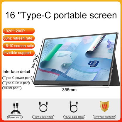 16inch Portable Monitor - USB C Portable Display | IPS Panel Slim Travel Monitor