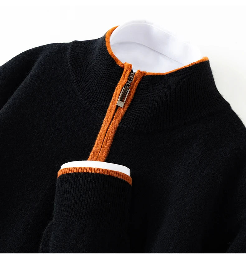 Men's 100% Cashmere Pullover Sweater Autumn/Winter Business Leisure Color Block Knitted Loose Fit Half High Collar Zipper Top