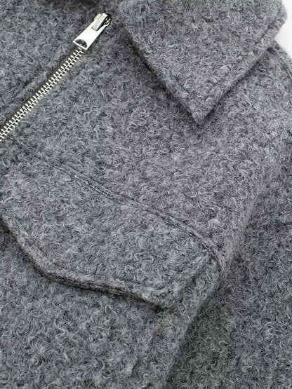 Women Zipper Jacket - Grey Vintage Lapel With Pockets | Casual Long Sleeve Outerwear