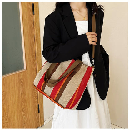 Striped Canvas Tote - Women's Crossbody Shoulder Bag With Zipper Closure, Versatile Daily Use