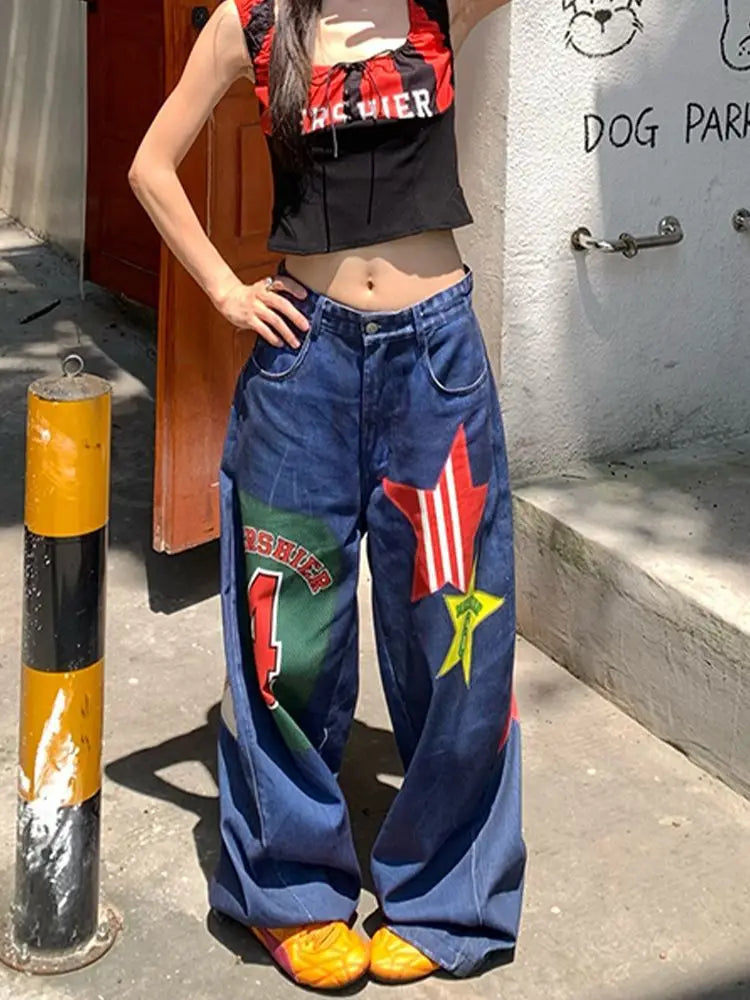 American Style Jeans Big Size Heavy Sticker Fabric Wide Leg Mopping High Waisted Jeans Men and Women Trendy Hip Hop Gothic Pants