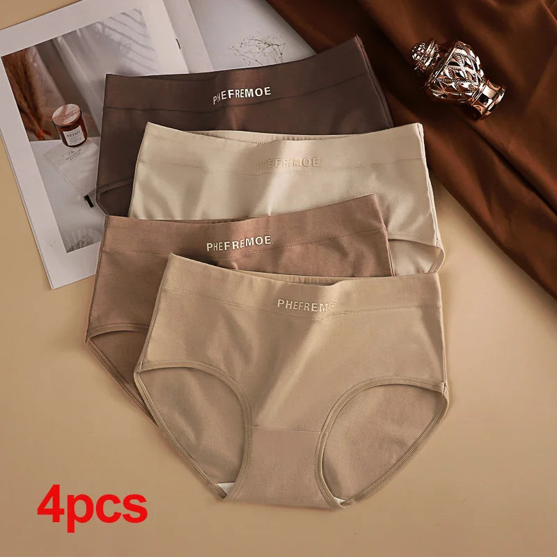 4PCS Women Cotton Mid-Rise Panties Soft Breathable Solid Color Briefs Daily Underwear