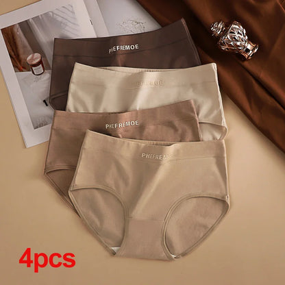4PCS Women Cotton Mid-Rise Panties Soft Breathable Solid Color Briefs Daily Underwear
