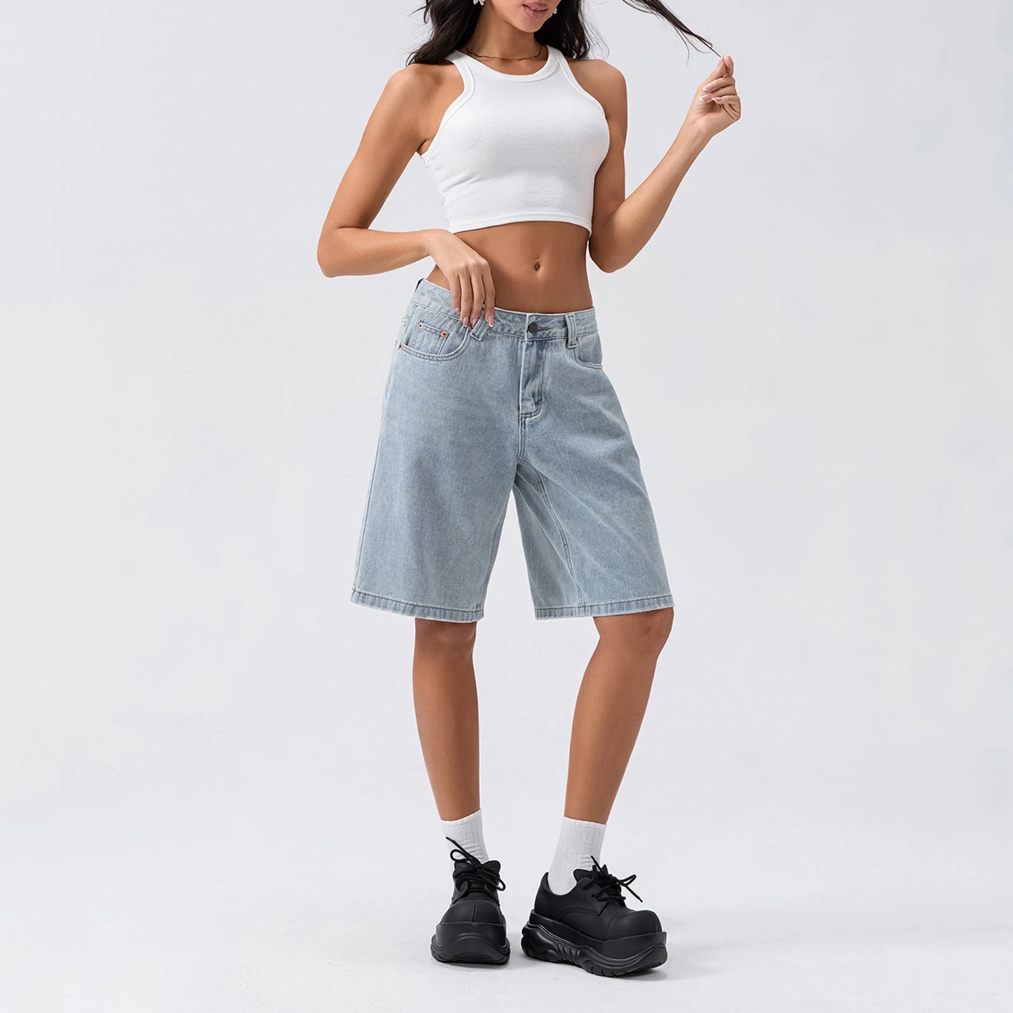 New Fashion Womens Knee Length Denim Shorts Loose Solid Color Low Rise Wide Leg Long Shorts With Pockets For Summer S-2XL