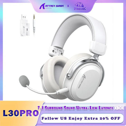 ATTACK SHARK L30 Pro Wireless Gaming Headset with 2.4Ghz/BT/Wired, Long Battery Life with Detachable Microphone 7.1 Surround Sou