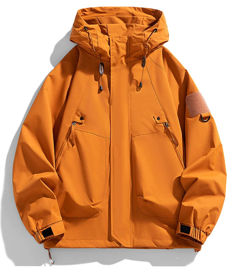 Windbreakers Men Hooded Jacket Zipper Coat Cargo Waterproof Black Bomber Camping Loose Thin Softshell Hooded Hiking Jacket