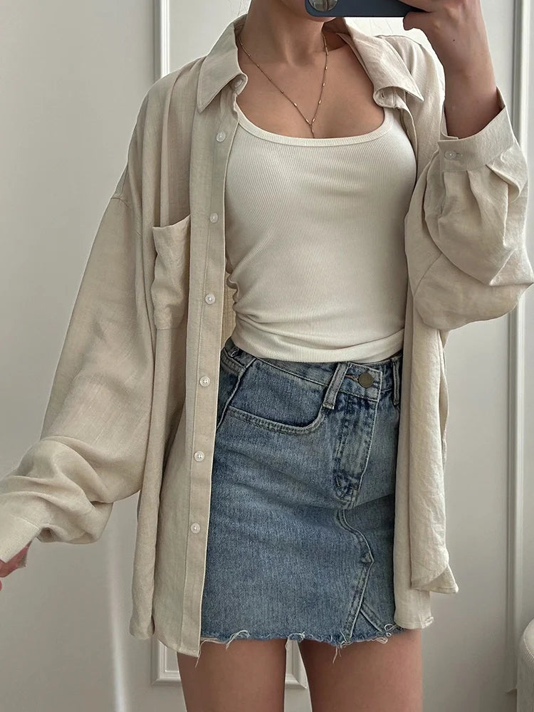Summer Blue Linen Shirts For Women Oversized Long Sleeve Tops Green Shirt Woman Work Basic Linen Tops Women White Shirts Ladies