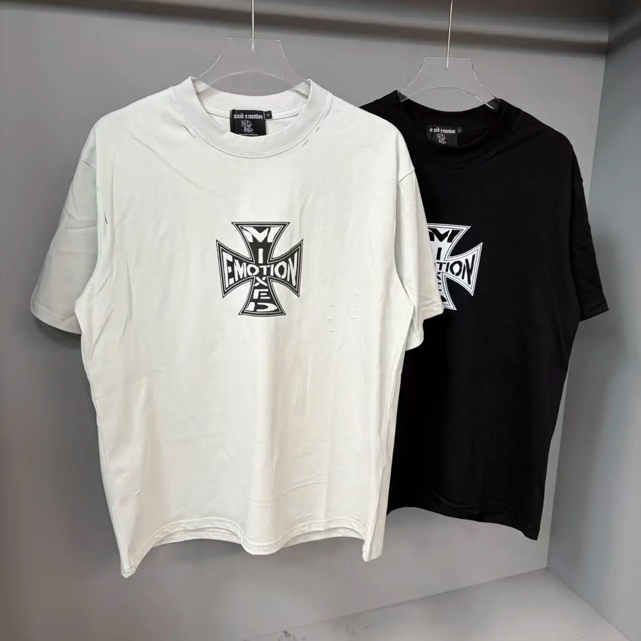 141# New fashion trend brand MIXEDEMOTION printing Shirt Streetwear Cotton Loose Round Neck Oversized Tee Top men t-shirt