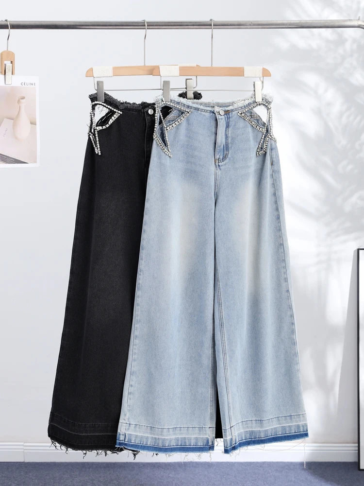 Women Low Waist Jeans Star Rhinestone Pants Cut Out Wide Leg Trousers Light Wash Distressed Denim Pants Street Woman Clothes