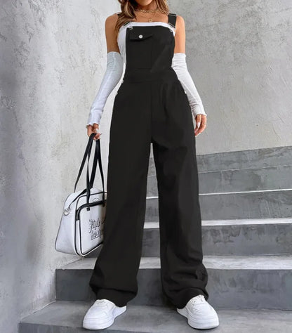 Retro Pocket Solid Color Straight Leg Utility Overalls Loose Fashion Casual Pants