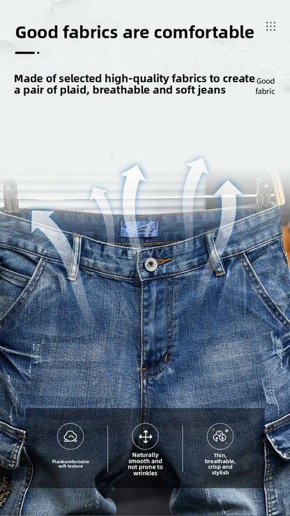 Men's Denim Shorts - Multi-Pocket Cargo Summer Jeans | Loose Fit, Midweight Fabric