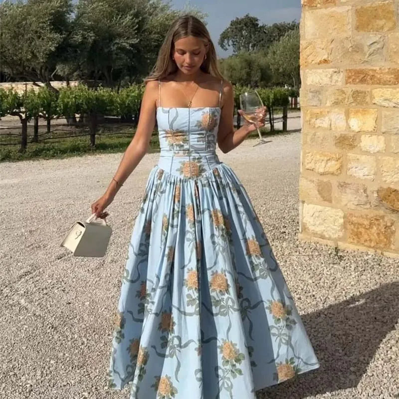 YENKYE Lace Trim Floral Print Sexy Sling Dress Women Elegant A-line Midi Summer Vacation Party Dresses New 2026 Clothes