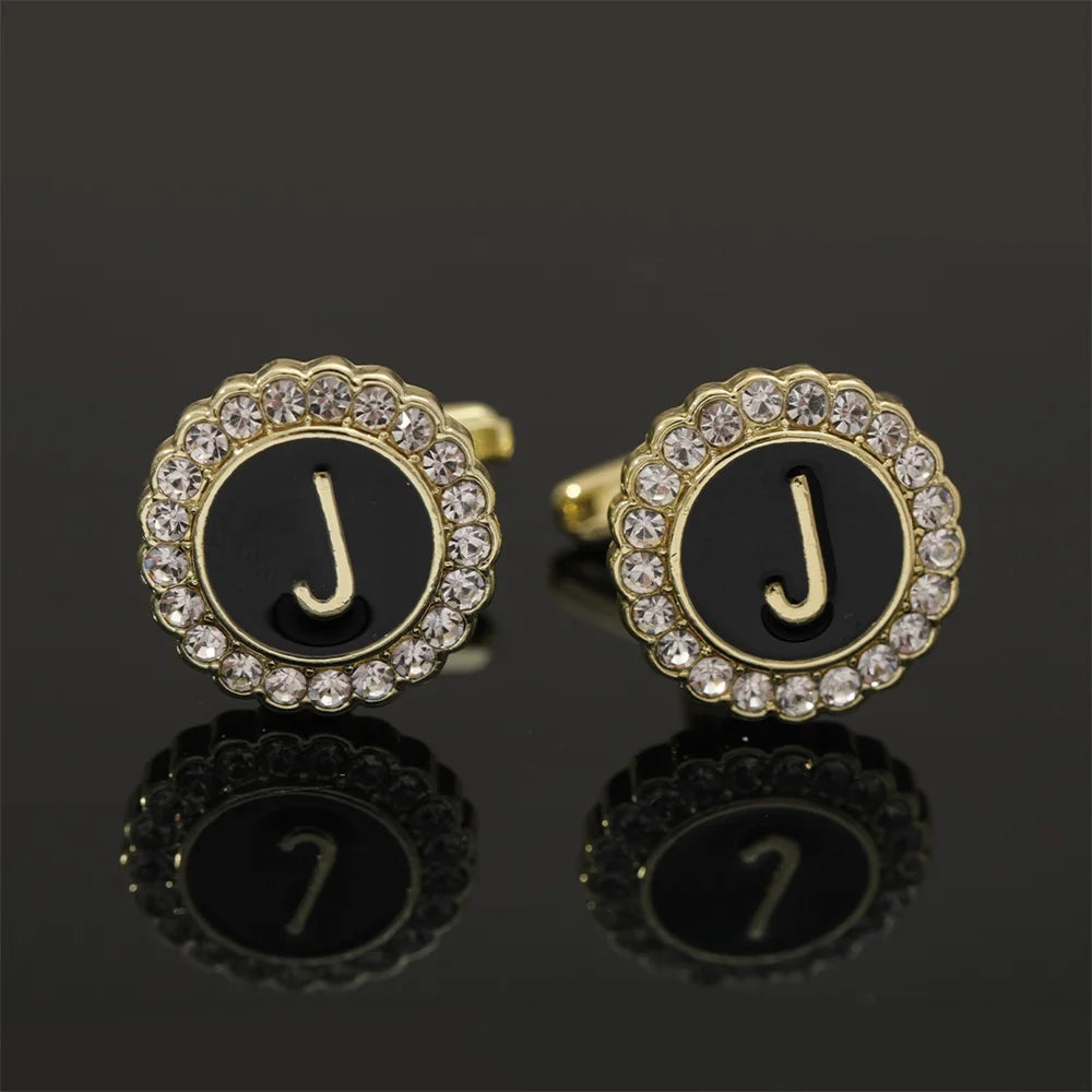 Alphabet Cufflinks A-Z - Crystal Rhinestone Round Initials for Mens Tuxedo Shirts