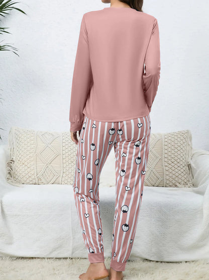 Two-piece set of women's fruit-print long-sleeved striped long pants for all seasons (spring, summer, autumn, winter) - home wea
