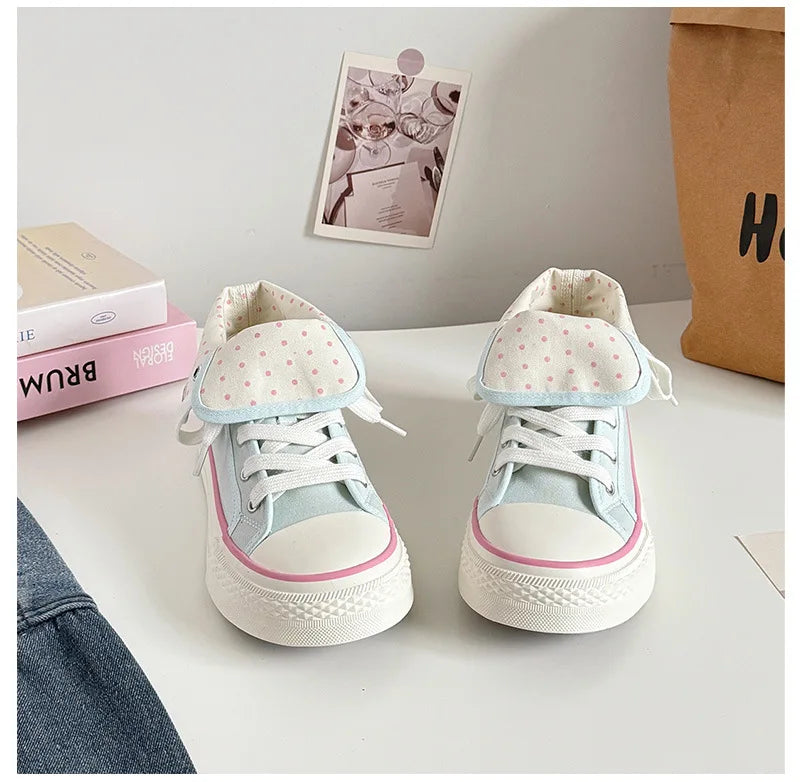 Women's High Top Platform Canvas Sneakers Polka Dot Foldable Collar Lace Up Breathable Korean Style Casual Shoes Fall 2026