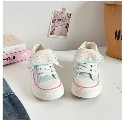 Women's High Top Platform Canvas Sneakers Polka Dot Foldable Collar Lace Up Breathable Korean Style Casual Shoes Fall 2026