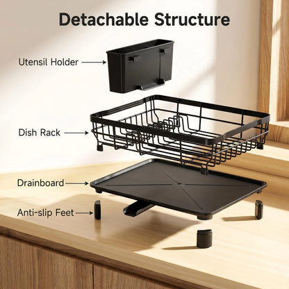 Large-capacity black carbon steel dish drying rack with cup holder and drainage system, kitchen storage organizer.