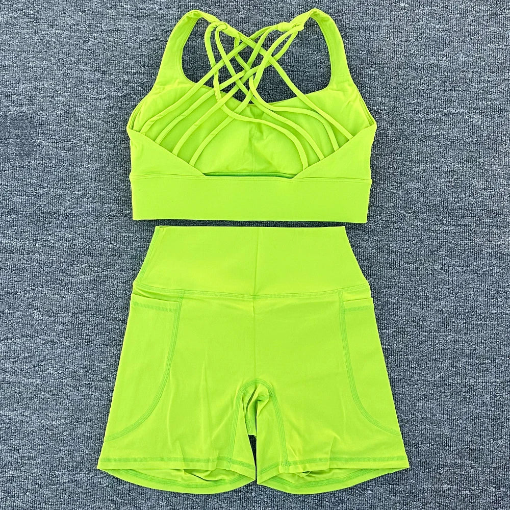 2 PCS Women's Nylon Yoga Set Sexy Sport Bra High Waist Sports Shorts Gym Fitness Sleeveless Workout Suit Sporstwear