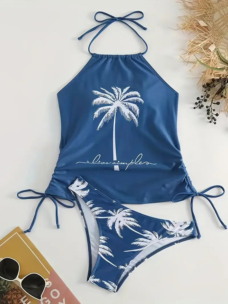 Ladies Split Bikini - Large Size Conservative Swimwear with Coconut Print Straps & Lace Up Top