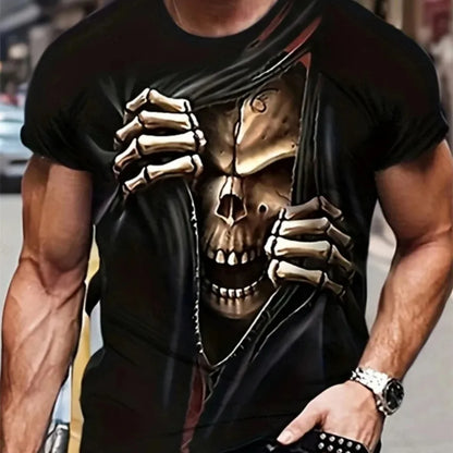 Mens Oversized 3D Skull Print T-Shirt - Summer Horror Fashion Tee - ZOOMNSTORE
