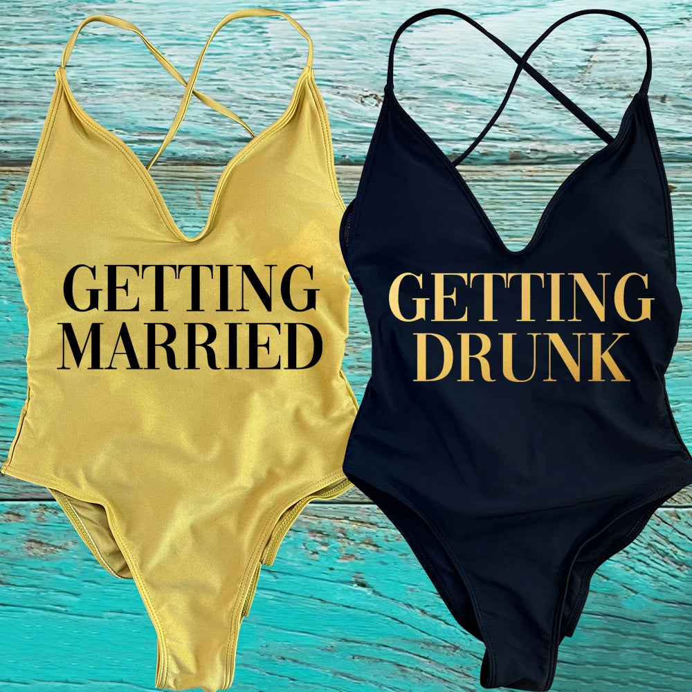 GETTING MARRIED Padded Bride  One Piece Swimsuit GETTING DRUNK Women Swimwear Bathing Suit Swimming Suit Summer SQUAD Beachwear