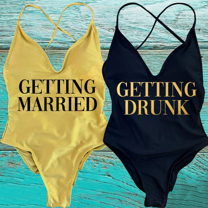 GETTING MARRIED Padded Bride  One Piece Swimsuit GETTING DRUNK Women Swimwear Bathing Suit Swimming Suit Summer SQUAD Beachwear