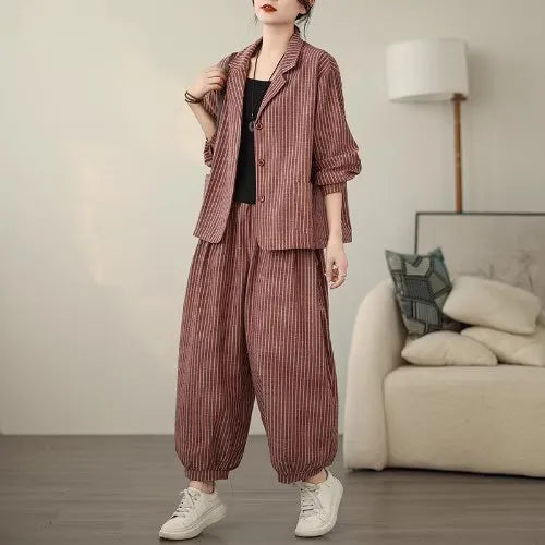 Retro Stripe Cotton And Linen Suit 2024 Women's Autumn Temperament Casual Wide Leg Harem Pants Loose Oversized 2 Piece Set K2478