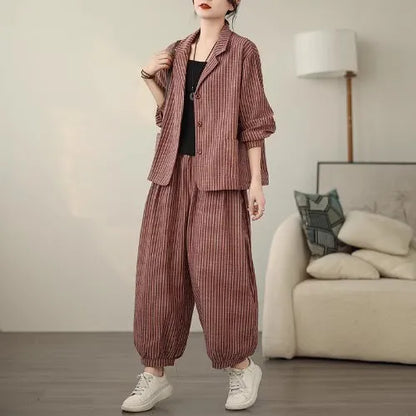 Retro Stripe Cotton And Linen Suit 2024 Women's Autumn Temperament Casual Wide Leg Harem Pants Loose Oversized 2 Piece Set K2478