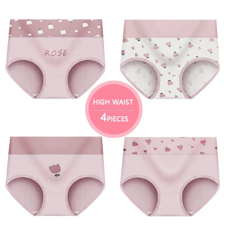4Pcs/Set High Waist Cotton Panties Women Body Shaper Underwear Fashion Print Panty Girls Briefs Seamless Female Lingerie