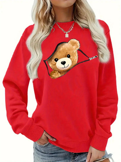 Women's Autumn and Winter Loose Casual Cartoon Zipper Bear Pattern Printed Velvet Long-Sleeved Round Neck Sweatshirt Pullover