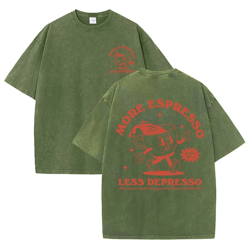 More Espresso Less Depresso Letter Cup Drink Print Washed Womens Tee Shirt Cotton T-Shirts New Breathable Clothes All-Match  Top