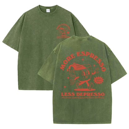 More Espresso Less Depresso Letter Cup Drink Print Washed Womens Tee Shirt Cotton T-Shirts New Breathable Clothes All-Match  Top