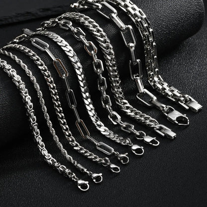Punk Silver Color Men's Chain Bracelets,Hiphop Stainless Steel Braided Link Wristband,Classic Metal Jewelry Gift for Him Dad