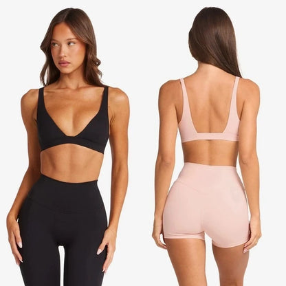 C-B Style V-Neck Sports Bra & High Waist Yoga Shorts/Leggings Set Women's Fitness Gym Pilates Activewear Workout Sportswear