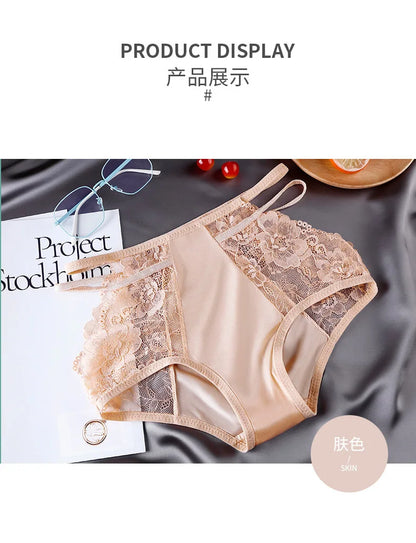 Women's Underwear Sexy Lace Panties Plus Size High Waist Ice Silk Briefs Fashion Seamless Hollow Out Underpants Female Lingerie