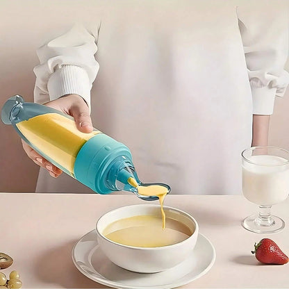 New 90ml/3OZ Colorful Silicone Baby Bottle Feeder with Soft Spoon, Suction Cup and Dust Cap, Portable Squeeze Feeding Bottle