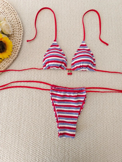 Sexy Thong Bikini - Micro Bikinis Two Piece Swimwear Set | Striped Print Beach Bathing Suit