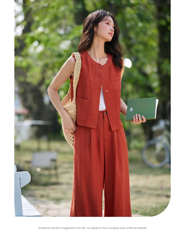 VIMLY Linen Blend Pant Set Two Piece Old Money Style Woman Summer Outfits 2026 Sleeveless Vest Wide Legs Pants Lady Suit A0820