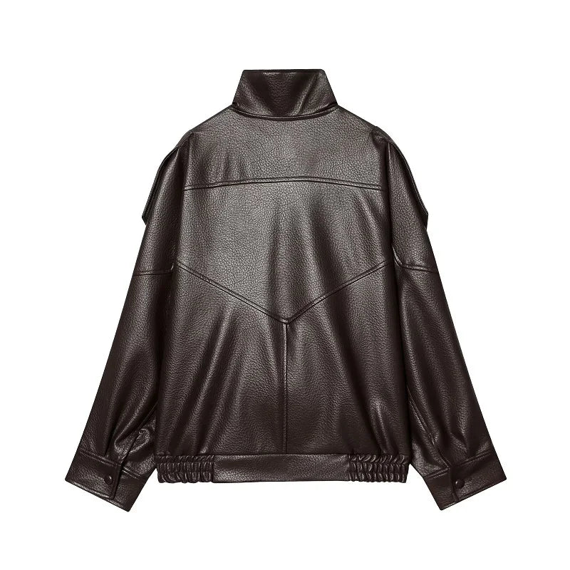 Faux Leather Jacket – Women's Bomber Jacket With Snap Button | Office Outerwear Coat