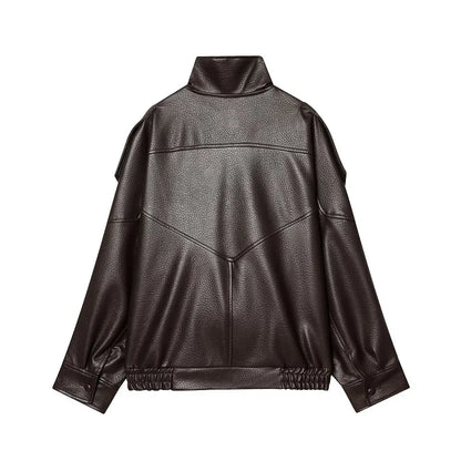 Faux Leather Jacket – Women's Bomber Jacket With Snap Button | Office Outerwear Coat