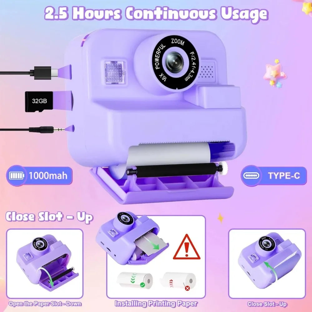 Kids Instant Print Camera - 48MP Digital Educational Thermal Photo Printer With 32GB Card