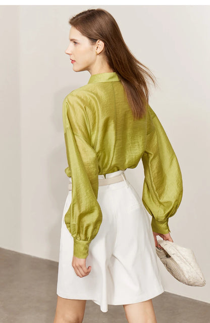 AMII Minimalist Blouse for Women 2023 Autumn Lantern Sleeve V-Neck Slightly Transparent Elegant Commuter Clothing Tops 72341030