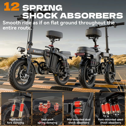 Hisent electric folding bike, 14 inches, 500W brushless motor, 48V 10AH/17.5AH battery available, different models.