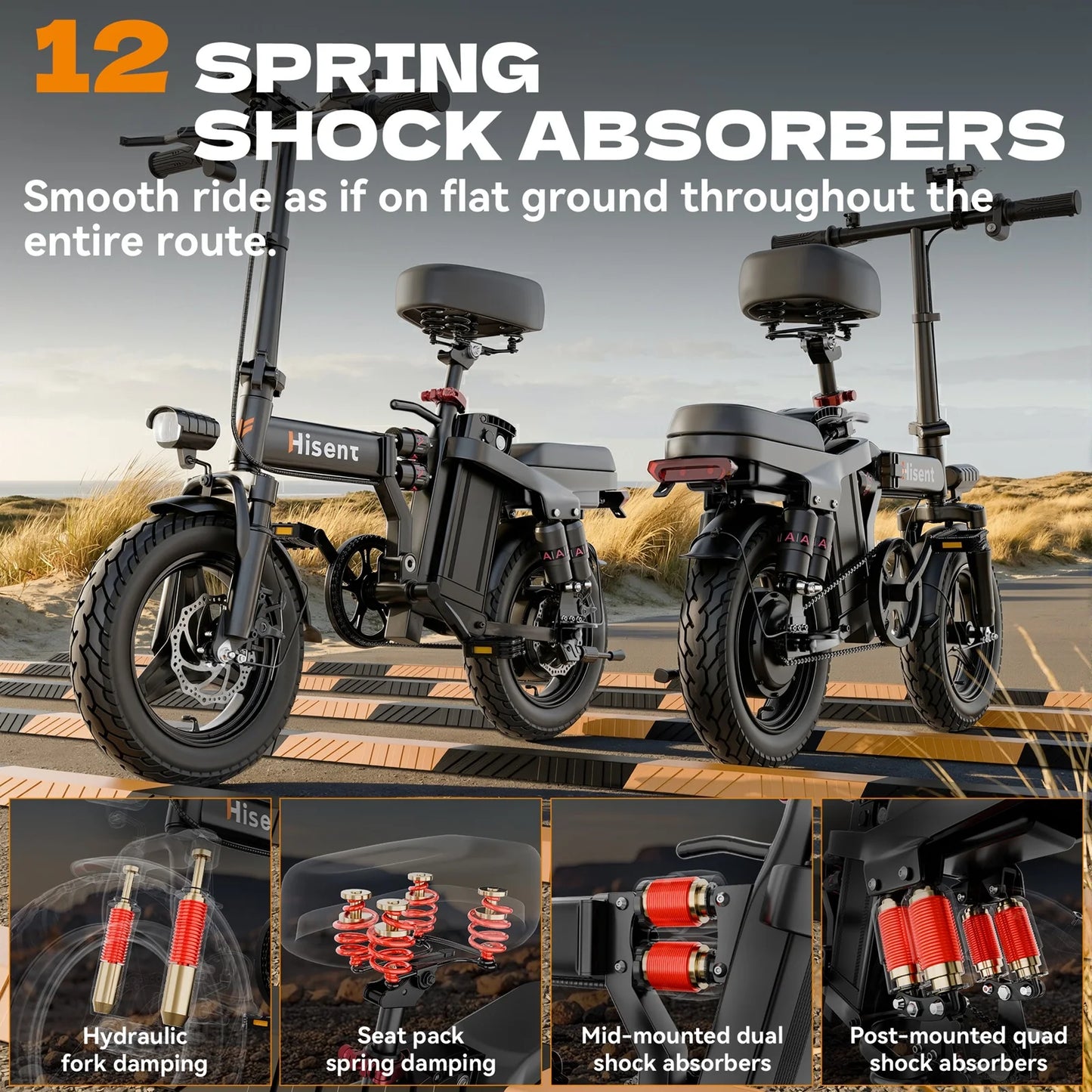Hisent electric folding bike, 14 inches, 500W brushless motor, 48V 10AH/17.5AH battery available, different models.