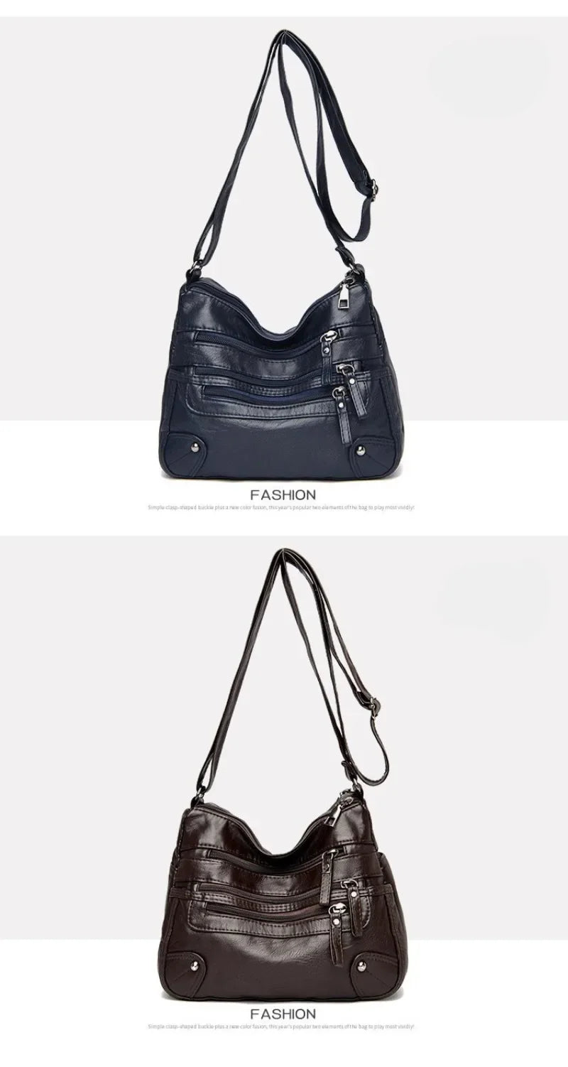 Soft Leather Shoulder Bag - Women's Crossbody Double Layered Large Capacity Tote
